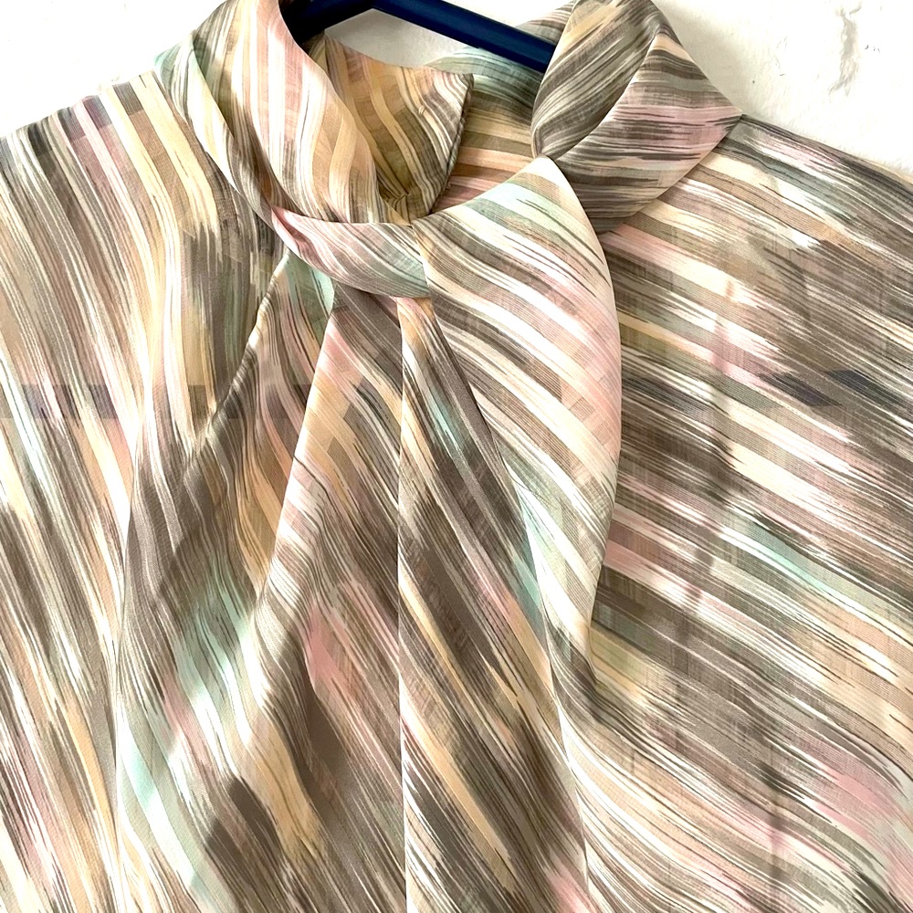 Vintage 70’s Blouse Sheer Striped Draped Collar Sculptural Neckline Sleeveless